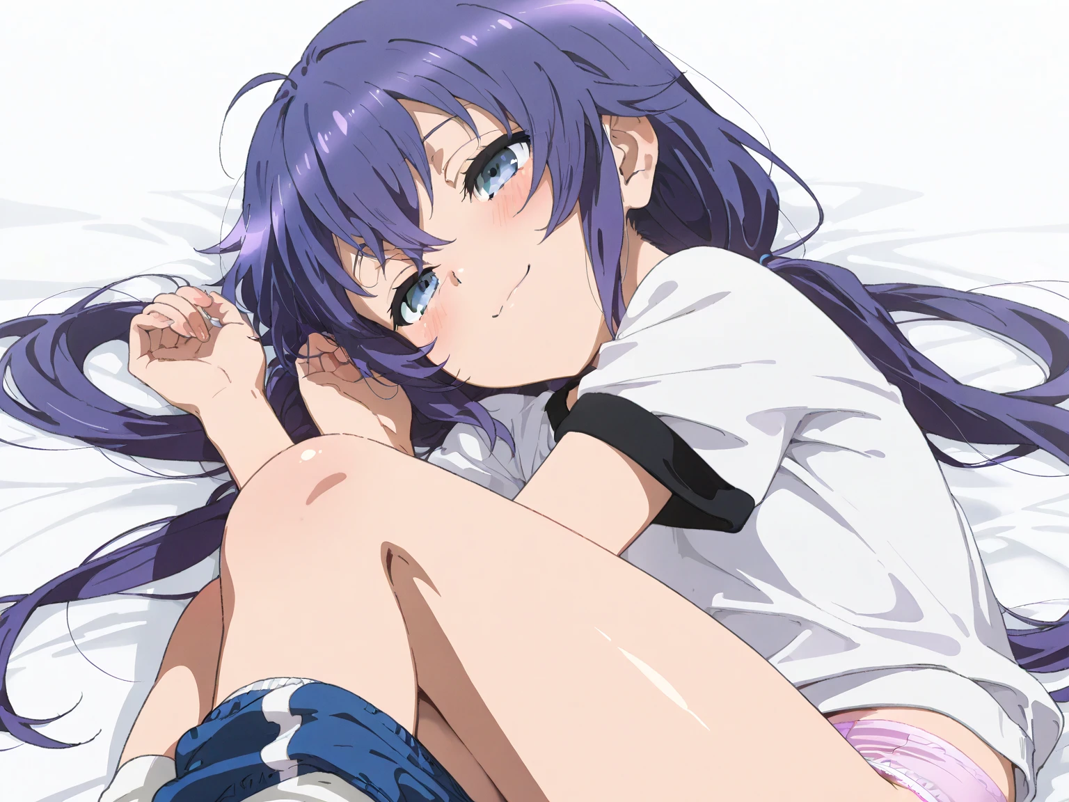{{{{{mochizuki anna}}}}},1girl,solo,long hair,purple hair,small_ahoge,blue eyes.short stature.white t-shirts.suspenders.skirt.(((masterpiece))).(((best quality))).((ultra-detailed))).(((illustration))).night view.big breasts.up chest.Sad face.open mouth.PILLOWS.a bed.Spread your arms.sweat.(((Plain white t-shirt))).