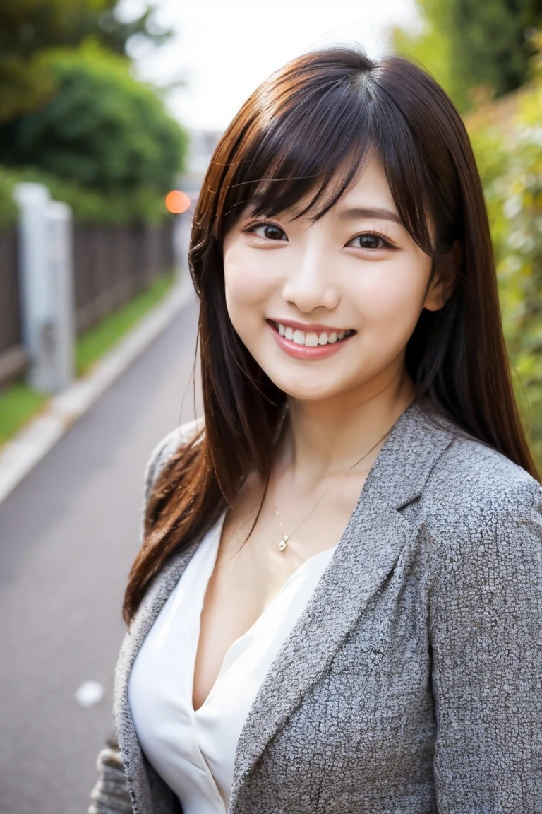 1girl, happy, smiling, (at street:1.2), ((office uniform:1.2)),night, RAW photo, (photorealistic:1.37, realistic), highly detailed CG unified 8K wallpapers, looking at viewer, (((straight from front))), (HQ skin:1.8, shiny skin), 8k uhd, dslr, soft lighting, high quality, film grain, Fujifilm XT3, ((upper body:1.6)), (professional lighting:1.6)