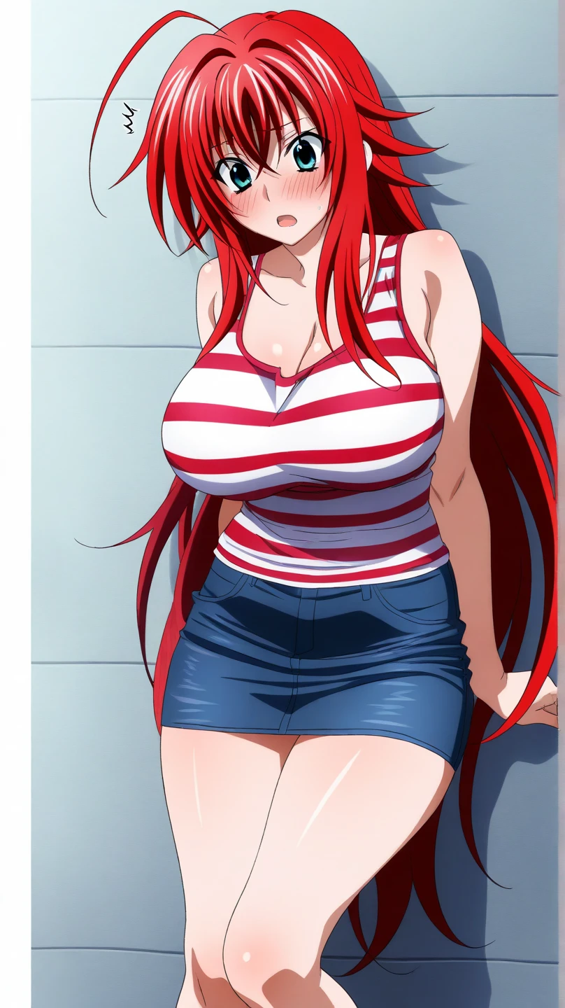 Highschool dxd, Rias Gremory,1girl, (((bimbo))), long red hair , blue eyes, ear rings, (((bimbo))), puffy lips, painted lips, thick lips, smile face, wide hips, thick thighs, blue jeans, White bra, huge round ass, huge natural Hitomi Tanaka breasts, full body, posing,