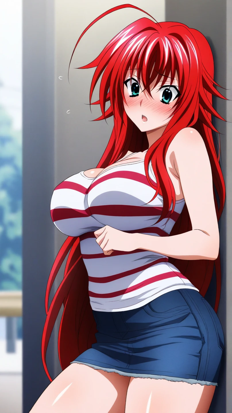 (masterpiece:1.2, best quality:1.2, beautiful, high quality, highres:1.1, aesthetic), detailed, extremely detailed, ambient soft lighting, 4K, perfect eyes, perfect face, perfect lighting, 1girl, solo, huge breasts, huge thighs, narrow waist, wide hips, thick thighs, curvy, standing, looking at viewer, facing viewer, Rias Gremory, rias form high school dxd, , (((blue eyes))), red hair, antenna hair, wavy hair, tight white t shirt, (underboob), red bloomers, blushing,sweating, (breathing hard), (panting), anime, smile, dojo, indoors,