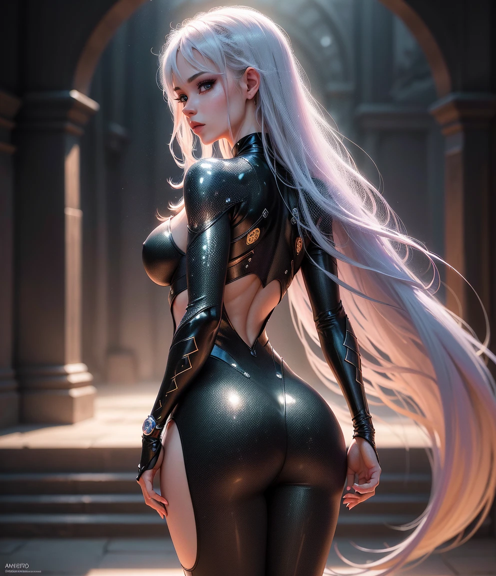 Realistic professional photos with super detail，full-shot，full bodyesbian，Straight lens，one-girl，Silver hair，eBlue eyes，long whitr hair，big round breasts，afloat，sideways standing，Turn Back，stooped，Cock your ass，Rounded ass，Straight ass，power pose，The halo，The best of the devil，Arrogant eyes，Looking into the distance，Stand under the stars，The attention to detail，The background is a comet and a nebula，light stre，cinmatic lighting，Side lighting，Dark and detailed galactic background，8K， 4K， （k hd： 1.1）， best qualtiy （tmasterpiece： 1.3），Shame clothes，