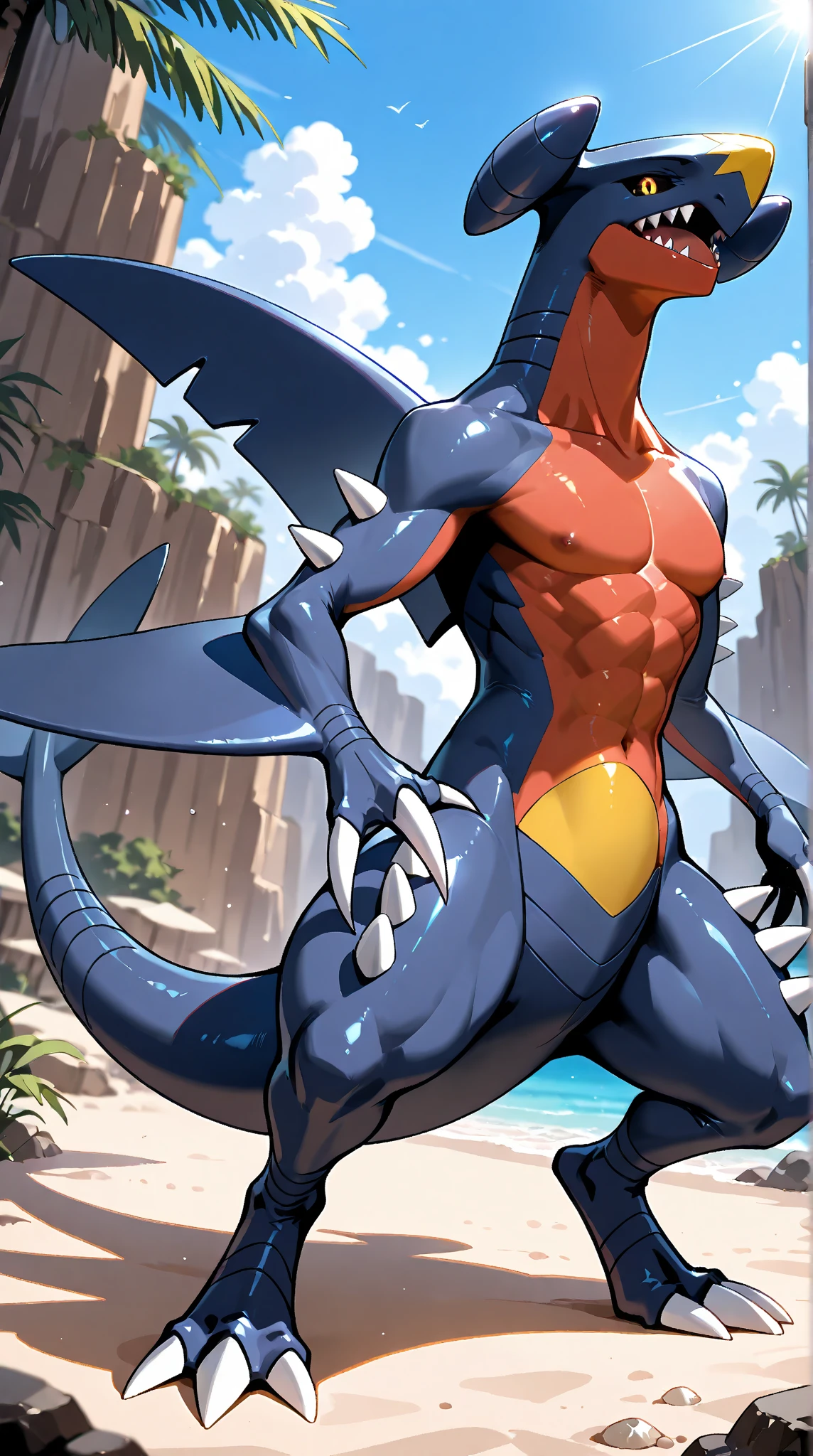 XV beast,ExVeemon,Digimon,digimon,dragon,male,aldult,alone,4K,best quality,Best quality,whole body,looking at the audience,Show muscles,hairy body,Topless,No clothes on,bared  chest (very muscular, Athletic body:1.0), muscular chest, Pink nipples, six pack abs, broad shoulders, biceps, 弯曲biceps, 白色dragon翅膀,dragon翅膀,dragon尾巴,anatomically correct,pride,soft shadow,majestic ,Detailed face, High quality eyes,Orange pupils black eyes,Sharp eyes,Grandiose,Valiantary,thong,Smile confidently,Strong,mature,Beach background,Blue sky and white clouds,The sun shines