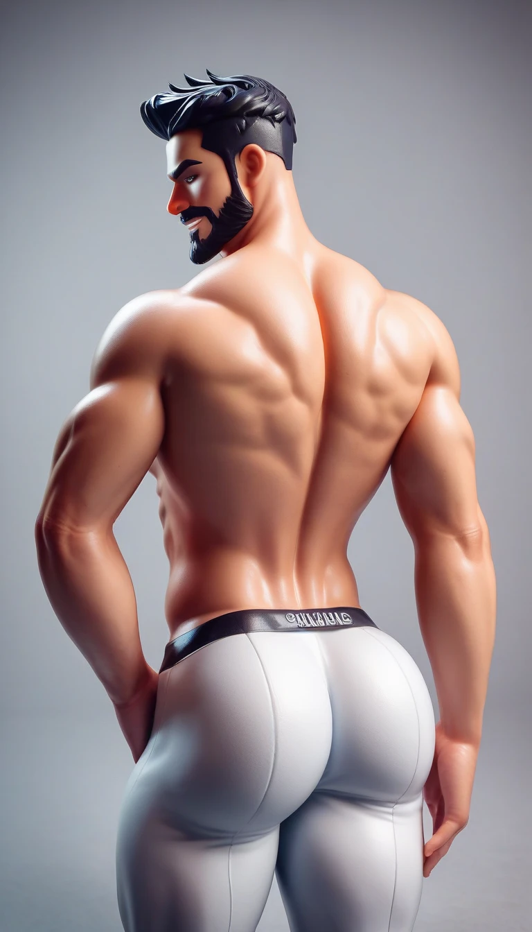 There is only one handsome Asian actor in the photo,35 years old,High target, Fitness,short hair, O-Shaped Beard,Perfect body, Dark skin color,Radiant Skin,Smooth skin,Shiny, shiny skin,Smooth pectoral muscles,No chest hair,No body hair,Muscle bulge, muscular, Very large pectoral muscles,Very sexy abdominal muscles,Very well-developed leg muscles,Huge concave and convex area,Brightens oily skin,Wear a transparent thong,Handsome face, Correct and accurate male body proportions, Wear white socks,Lying on gray background。