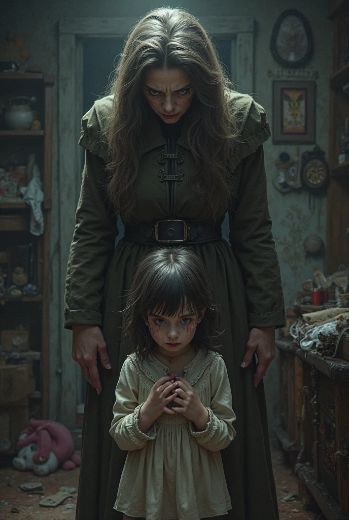 (anime, digital paint, old woman watching the children eat, her expression turning sly and sinister, shadows growing longer, dark and twisted interior of the house beginning to show, ominous atmosphere with dim lighting and strange artifacts)