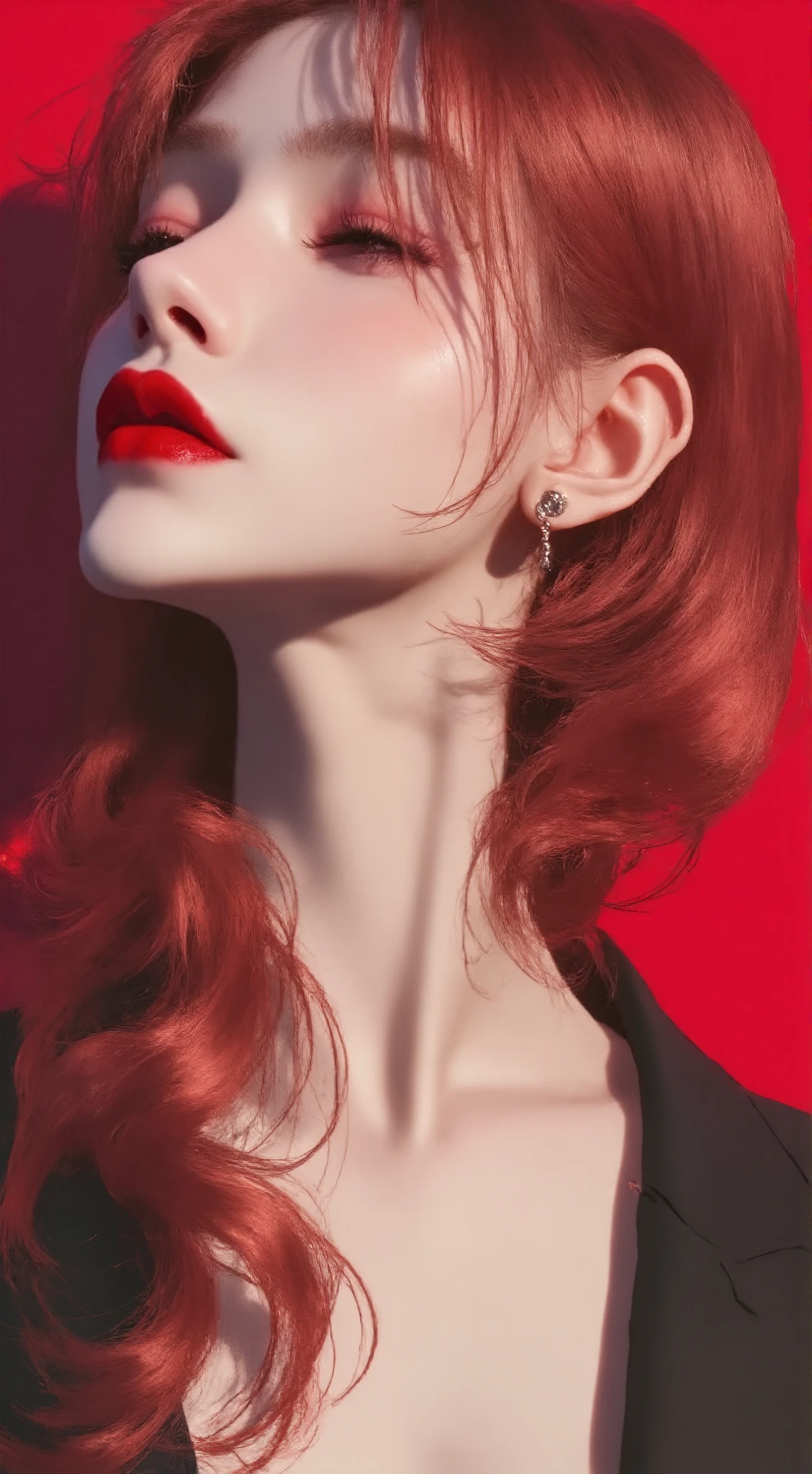 masterpiece, highest quality , enlightenment,1 perfect portrait of a girl, A fascinating eye for perfect detail, colorful hair, (Red+white soft hair:1.6), (Cat ears:1.3), Fantasy red background, {exposed bare shoulders} ,{long-term alienation_sleeve}, {lean forward a little}, If you look up, hair ornaments, {shy },please shut your mouth, head tilt, movie lighting, oversized clothes, ((seductive pose)),