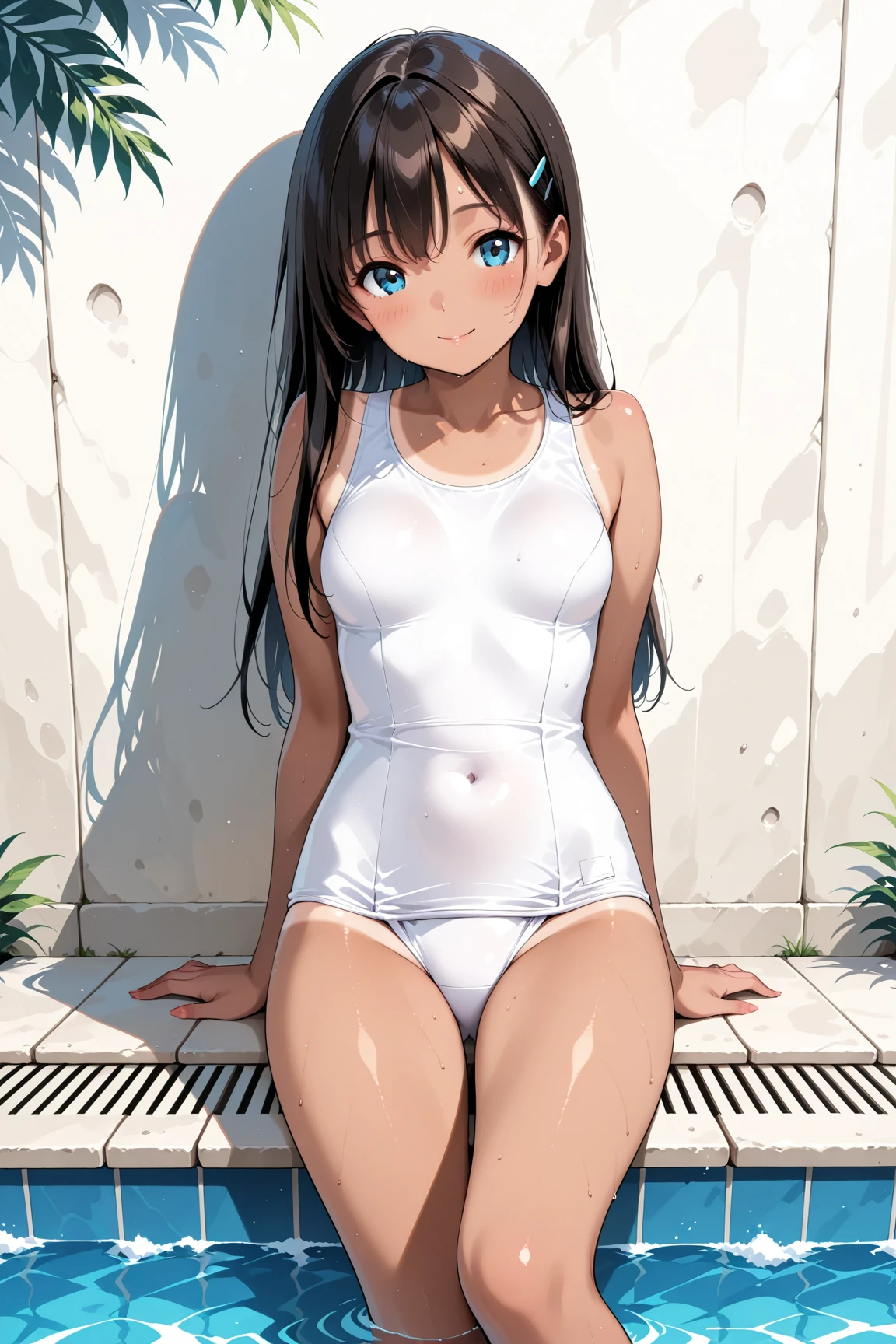(Highest quality), (masterpiece), 1080P, High resolution, 4K, 8k, Nipple exposure, ((White school swimsuit)), Groin, Lock, chain, restrained, shackles, Shooting from directly above, Sweat, string, To achieve this, ((~ side)), show your ~ side, Raise your arms, sit, Leg spread, Cross-legged, Small breasts, whole body, Embarrassed face, , Blunt bangs, Long Black Hair, Garter Ring, stand, whole body, barefoot, hairpin,