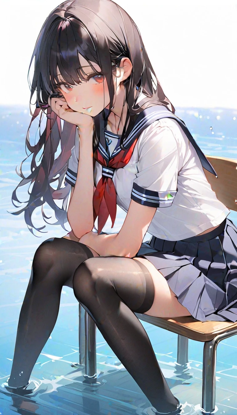 High school girl, sailor suit, long untied black hair, drooping eyes, big breasts, thick thighs, white pants, squatting girl