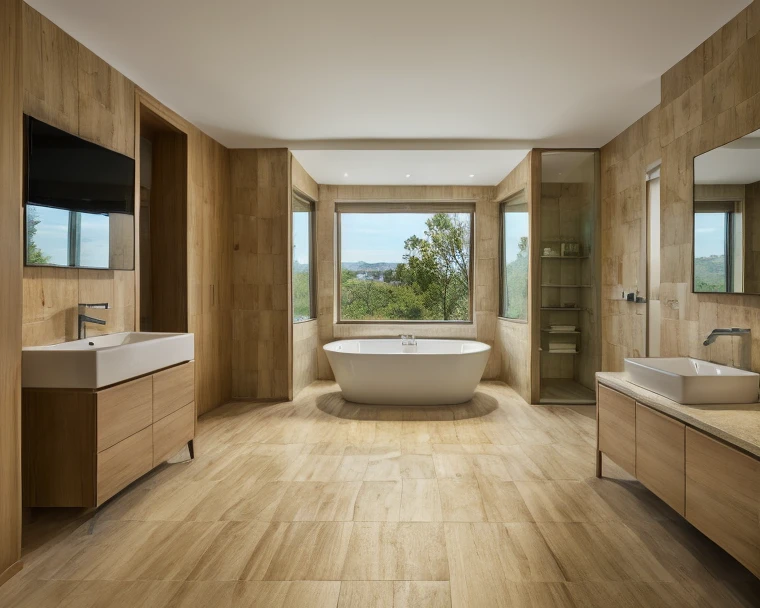 Top-down 2D architectural floor plan rendering of a realistic, modern apartment. The plan includes two bedrooms, one large living room with an extended wall-mounted TV table, a kitchen area, and two fully-equipped bathrooms with white checkered tiles and clear bậc thềm transitions. All flooring (except bathrooms and balcony) is natural wood herringbone. The design features realistic shadows, soft neutral lighting, and accurate material textures (wood, tile, fabric). Include correctly scaled furniture: wardrobes as 3D boxes, long TV shelf with a flat-screen above, beds with pillows and blankets, kitchen sink and cabinets. Rendered in 3D style but flat 2D top-down view, no cartoon colors — only realistic tones like beiges, browns, greys. Show landscape around the building in a modern minimalist style with walking paths, green lawns, scattered trees, and curved roads, all matching the original L-shaped building plan. Accurate layout and proportion.