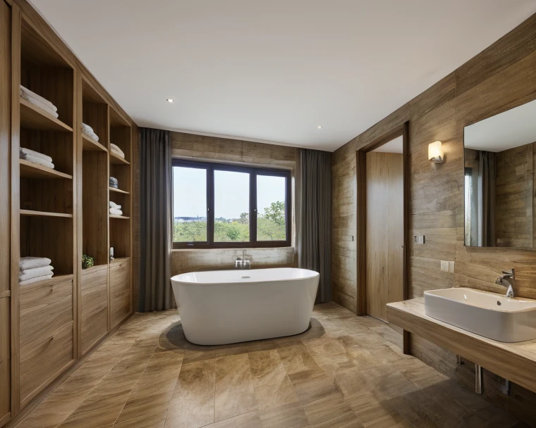 Top-down 2D architectural floor plan rendering of a realistic, modern apartment. The plan includes two bedrooms, one large living room with an extended wall-mounted TV table, a kitchen area, and two fully-equipped bathrooms with white checkered tiles and clear bậc thềm transitions. All flooring (except bathrooms and balcony) is natural wood herringbone. The design features realistic shadows, soft neutral lighting, and accurate material textures (wood, tile, fabric). Include correctly scaled furniture: wardrobes as 3D boxes, long TV shelf with a flat-screen above, beds with pillows and blankets, kitchen sink and cabinets. Rendered in 3D style but flat 2D top-down view, no cartoon colors — only realistic tones like beiges, browns, greys. Show landscape around the building in a modern minimalist style with walking paths, green lawns, scattered trees, and curved roads, all matching the original L-shaped building plan. Accurate layout and proportion.