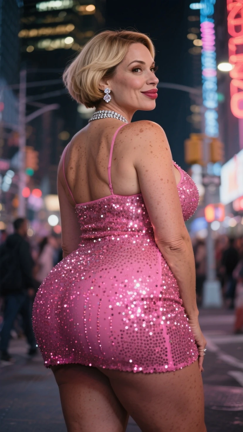 Beautiful Chubby Woman, running through the town, 35, Solo, chubby, overweight, Aesthetic artwork, ukrainian blonde, straight long blonde hair, grey eyes, pale skin, (big breasts), curvy body, detailed skin texture, (extremely detailed), soft lighting, high quality, film grain, Fujifilm XT3 sharp focus, f 5.6, 50mm, High Detail, Sharp focus, (night street light), (wearing purple evening dress), cleavage, crazy details, complex details, hyper detailed, voluptuous, vintage photo, old poster, 1930s style, (1930s) , 1935, from behind, view from back