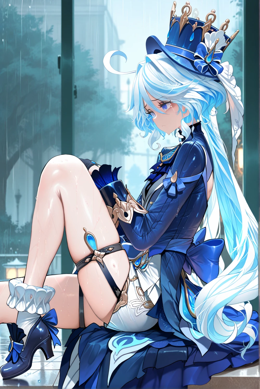 animemanga girl，Blue long hair，blue color eyes，white stockings，shift dresses，Strong edges light color，Close-up of feet，cinematric light，tmasterpiece，dream magical，8K anime wallpaper，Petite，Tsundere personality，the elf，Fantasy scenes，Golden ratio figure