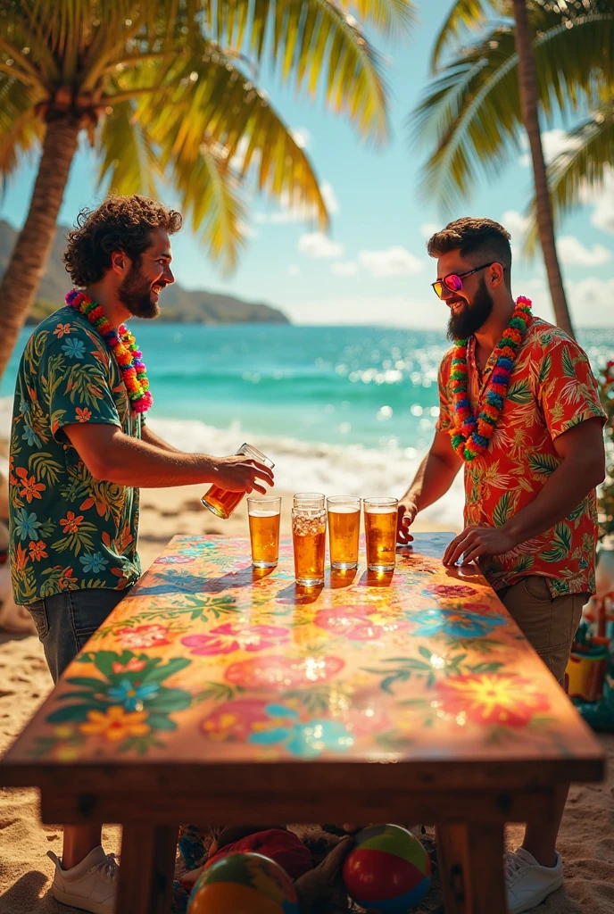 Two young beautiful tall skinny white man on the beach with coconut in hand wearing pink boxer shorts and rainbow winged flamingo