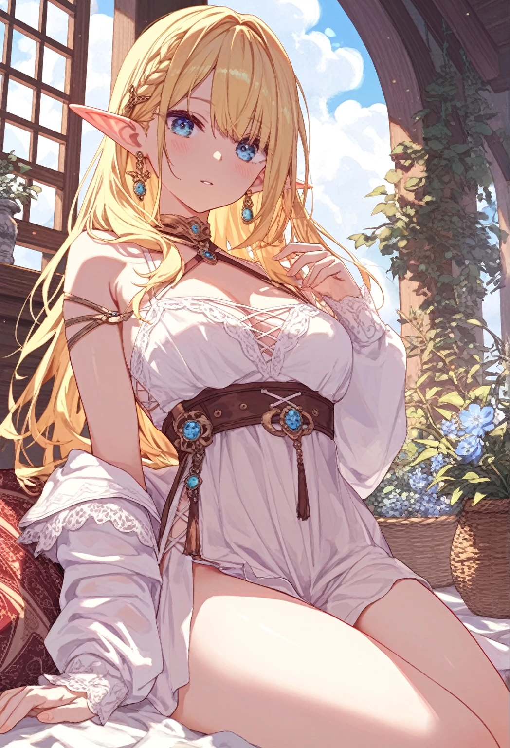 Blonde　Blue Eyes　Long Hair　Two Elves　lily　Lesbian　Lesbianピアン　Touching　Big Breasts　naked　Wet　Embarrassing　erotic　blush　Beauty　cute　highest quality　Touching the chest　Bathroom　bath