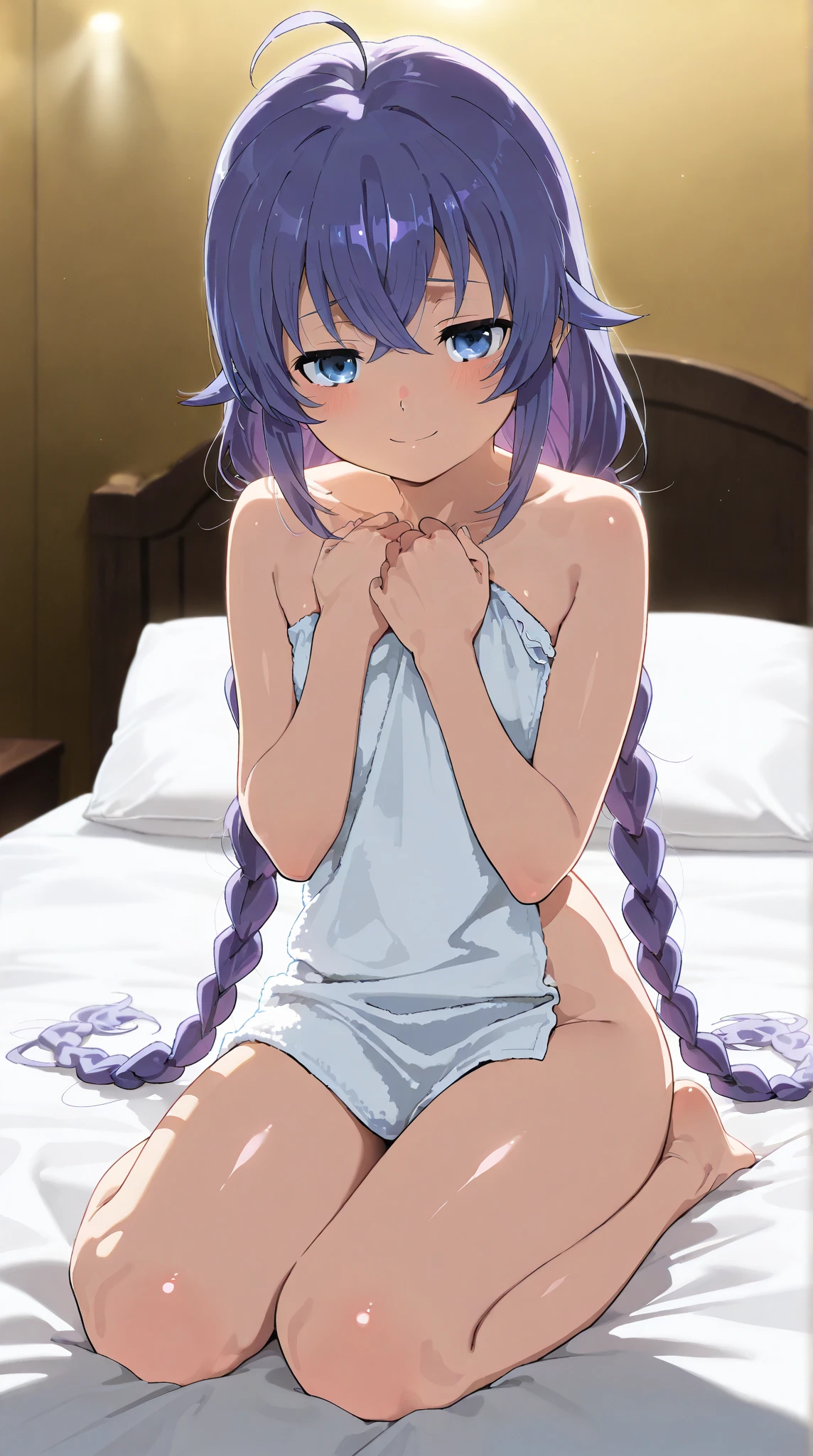 ((masutepiece)), ((Best Quality)), (Ultra-detailed), Anime style,on the bed,Cute little girl s, 1girl in, Solo, Nude 00, ((Beautiful eyes)), Smile, ((Open chest)), ((Cute nipples))