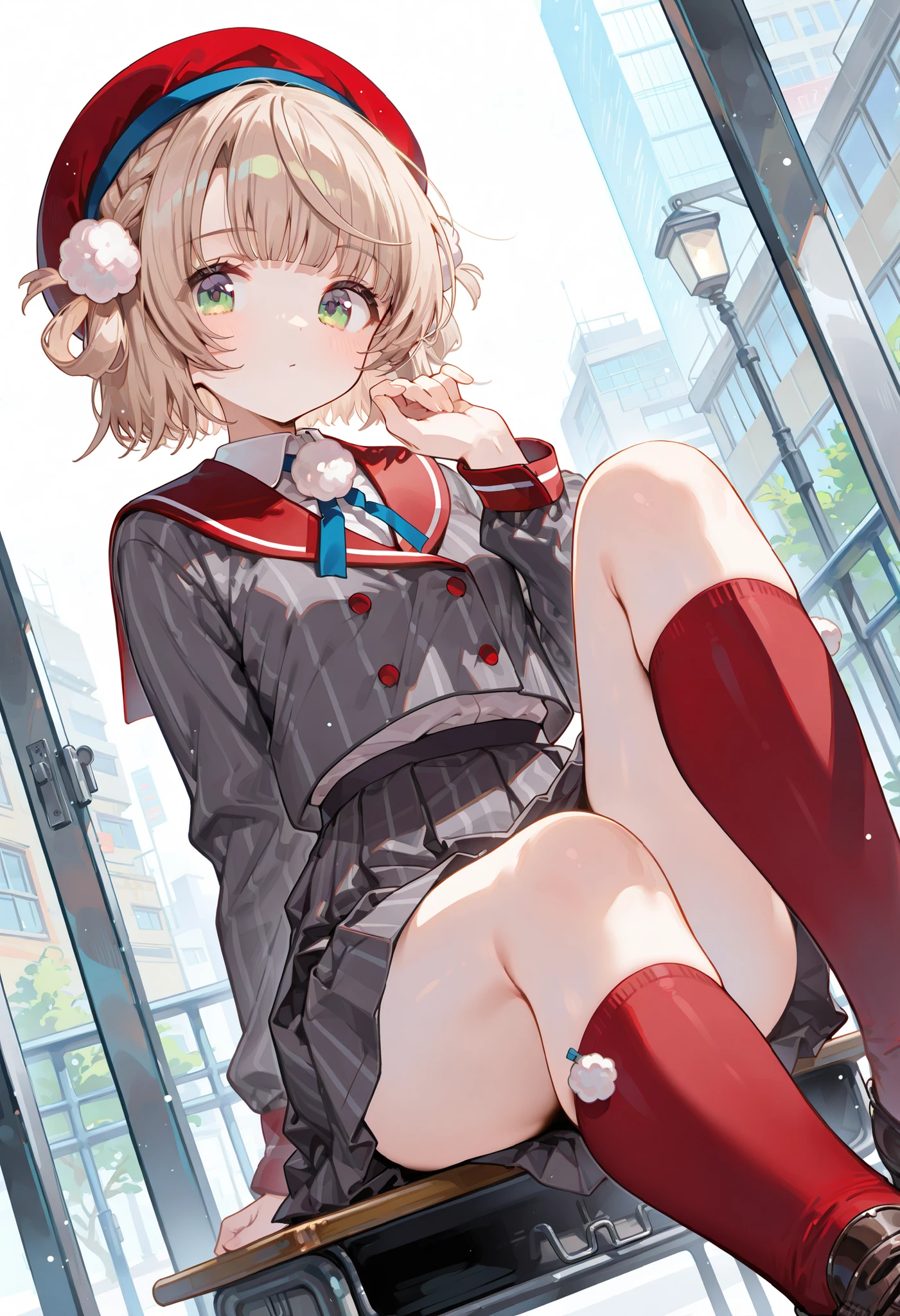 chisatonishikigi, nishikigi chisato, short hair, bangs, blonde hair, (red eyes:1.5), hair ribbon, one side up, bob cut,
BREAK shirt, long sleeves, dress, ribbon, white shirt, collared shirt, belt, neck ribbon, red dress, blue ribbon, pleated dress, grey dress, two-tone dress, red belt, lycoris uniform,pantyhose,wet shirt,nipples,
BREAK outdoors,BREAK looking at viewer, BREAK (masterpiece:1.2), best quality, high resolution, unity 8k wallpaper, (illustration:0.8), (beautiful detailed eyes:1.6), extremely detailed face, perfect lighting, extremely detailed CG, (perfect hands, perfect anatomy),city, night, wet road, reflections,sitting on bench, from above,