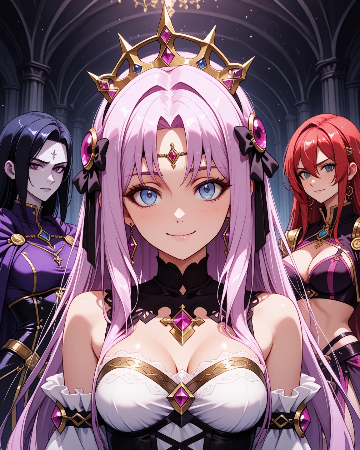 ((Highest quality)), ((masterpiece)), (detailed), (Perfect Face)、The beautiful and seductive woman is Lacus Clyne, the wife of the leader of the evil god cult, the saint of darkness, and has blue eyes, pink hair, medium-long hair, and a gorgeous and delicately detailed masochism.々An evil shrine maiden wearing a beautiful black evil shrine maiden outfit, an evil shrine maiden necklace, evil accessories, a gorgeous evil shrine maiden head chain tiara, and an engagement ring.、The woman is the wife of a middle-aged, bearded cult leader who is revered by a mysterious cult of evil gods.、A loving couple is worshipped by a mysterious cult leader dressed in the luxurious clothing of a cult leader of an evil god, and is loved and caressed all over the body by the cult leader at the altar of the cult of an evil god.