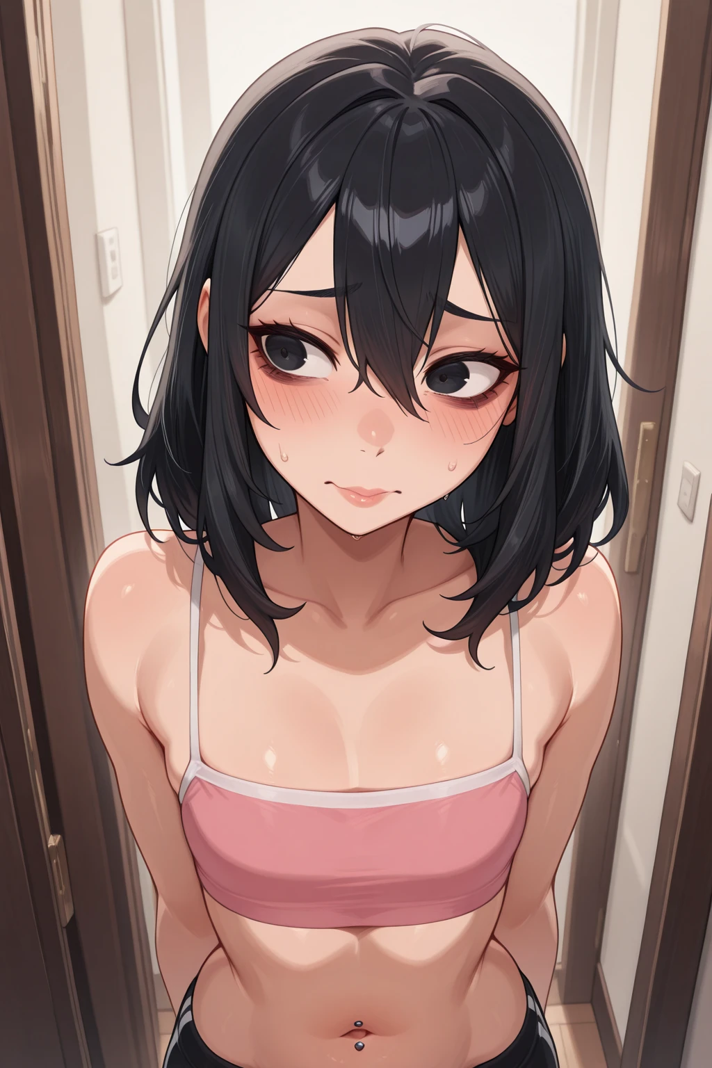 realistic(best quality, Ultradetailed:1.3)((solo)),twenty age,girl,,((camisole)),((mini skirt)),(backrooms),thin calf,((big chest)),((tongue out:0.4))(open mouth:1.2),makeup,red cheek,((luster skin)),(side view:1.2),looking at viewer, collar,sex appeal, <lora:NosehookV5:0.8>smug face,(grin:1.3),kawaii,(close face at viewer:1.2)front lighting,slouching,