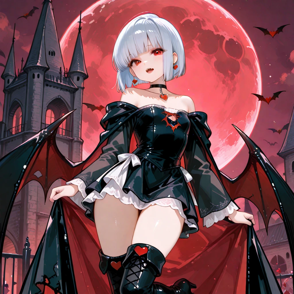 (Masterpis)、(Top image quality),Vampire adult woman smiling at night、Fangs are visible、Clean face、Sexy body、Clothing of the nobility of the Middle Ages、Wearing a black cloak、FULL BODYSHOT、Breast size:1.2,Moonlit night in the background、Bats are flying