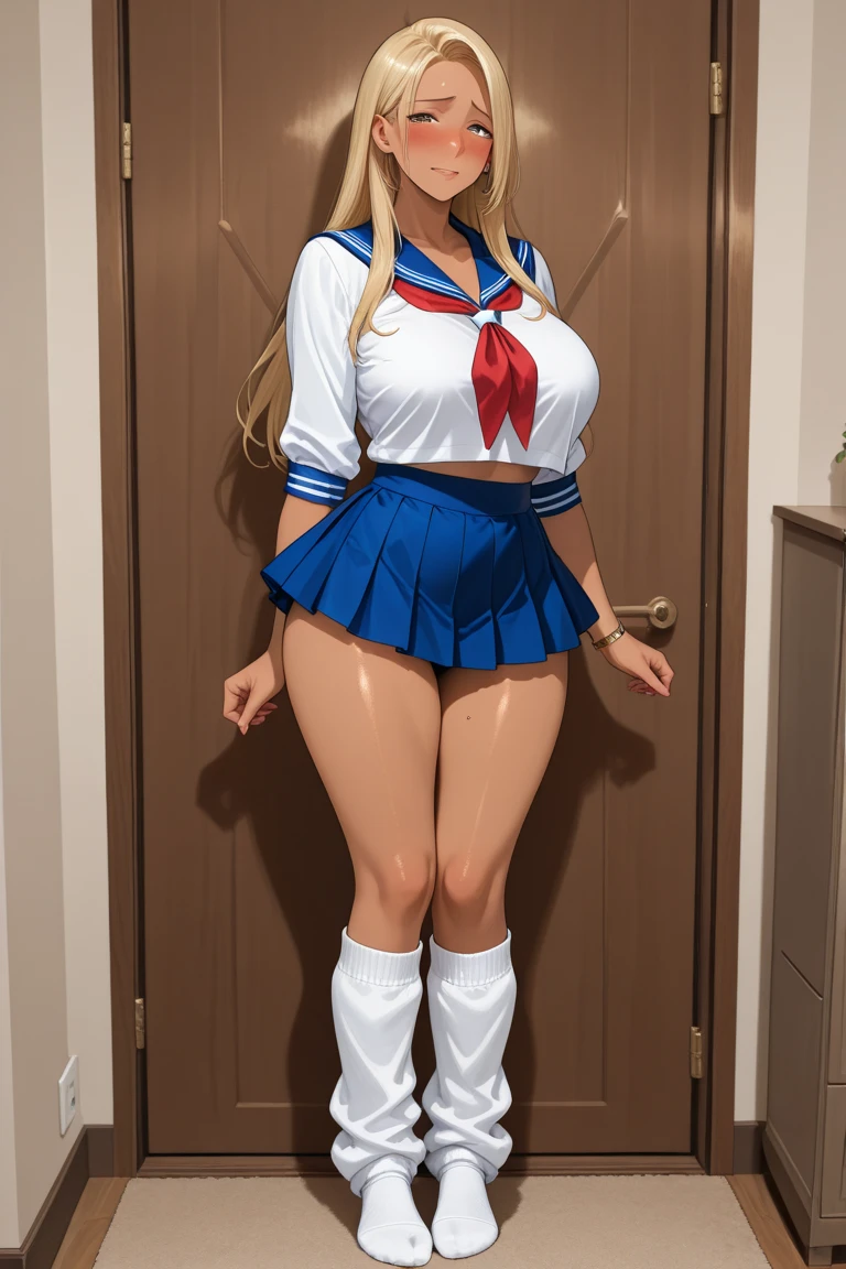 full body shot, (highest quality:1.2), Very detailed, up to date, Vibrant, Ultra-high resolution, High Contrast, masterpiece:1.2, highest quality, Best aesthetics, beautiful detailed face, (Highly detailed skin:1.2), NSFW, 1 lady, solo, orgasm, crying:, drooling, steam from pussy, beautiful green eyes, (Nipples:1.5), Pubic hair, clear pussy juice:, showing pubic area:, large breast, cleavage, half opened mouth, on a bed, spread legs, thin thighs, crop top white shirt:, sleeveless:, Sailor uniform only for the upper body, (tiny micro mini skirt), red ribbon tie, blue sailor collar, side ponytail, long legs ,short torso, anatomically correct, , cinematic lighting, Bright colors and mesmerizing effects, soft and delicate illumination, gentle shine, beautiful detailed blonde hair