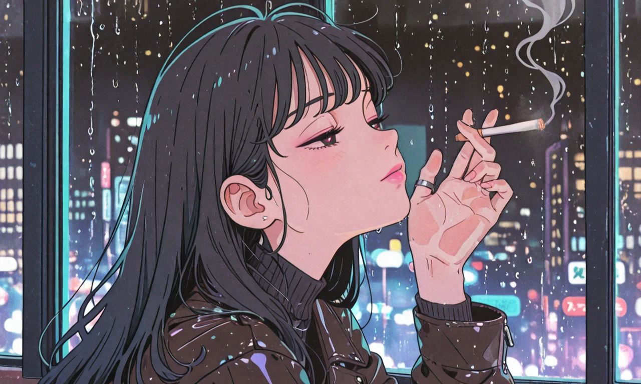 Smoking a cigarette by the window、Looking up at the night sky、Black Hair