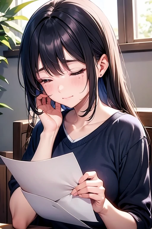 (masterpiece, best quality:1.5), (ultra detailed, high resolution, 8k, beautiful detailed, UHD, best anatomy), black hair, small breasts, 1 girl, closed eyes, kissy face, A hopeful background, front view, cardigan, flared skirt, business shirt, Come closer to pov, bent forward