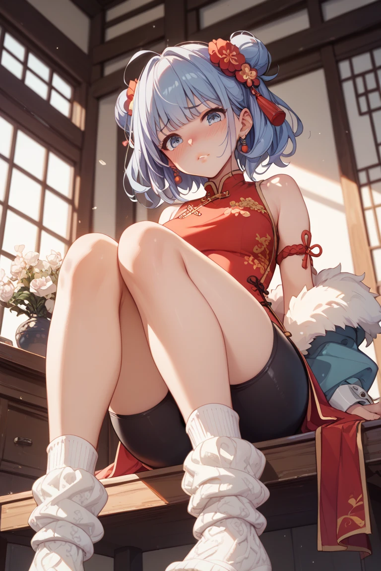 1girl、(((best quality)), ((masterpiece)), (details), masterpiece, best quality, high quality, ulutra detailed, perfect face, ((1girl, blue eyes, cat ears: 1.3 silver bob hair: 2.5,)) and ((Big white wolf:2.1)) 、Shiny Hair、Glowing Skin、blush、Lustful look、Small breasts,Sidetiletto heels、China dress、Alluring expression,Chinese gorgeous outdoor background、