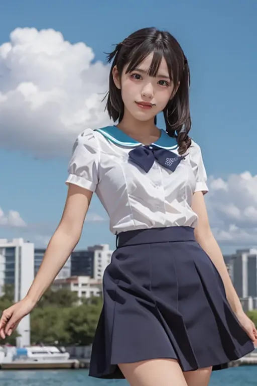 Tabletop, Highest quality, figure, Very detailed, In detail, High resolution, 8k wallpaper, Perfect Dynamic , (Browsing Caution:1.0)、Highest quality, masterpiece, 超High resolution, (Realistic:1.4), RAW Photos, (Pleated mini skirt:1.3), Dark Blue Skirt, The Face of Japan,
, 13, Sea side, school uniform, beautiful, ((White shirt)), Short sleeve, cute, smile, Flying tie, Huge Pillar of Clouds, Strong wind from below, Soaring skirt, Visible white panties, jump off , Are standing, Panty shot, (Browsing Caution)、 (A femboy in see-through panties)、A strong wind blows from below and flips up my skirt、(((cuteパンティー、Panties that dig into the crack of her ass)))