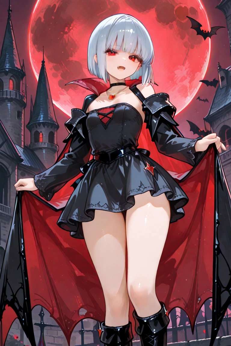 masterpiece, best quality,
1girl, (colorful),(finely detailed beautiful eyes and detailed face),cinematic lighting,bust shot,((young, petite, flat chest)),extremely detailed CG unity 8k wallpaper,white hair,red eyes,solo,smug smile,intricate skirt,((revealing outfit, sheer clothing, see-through clothing, cutout clothing, skintight)), ((vampire fangs, blood dripping from mouth, licking fingers)), ((flying petal)),(Flowery meadow)
sky, cloudy_sky, building, moonlight, moon, night, (dark theme:1.3), light, fantasy,