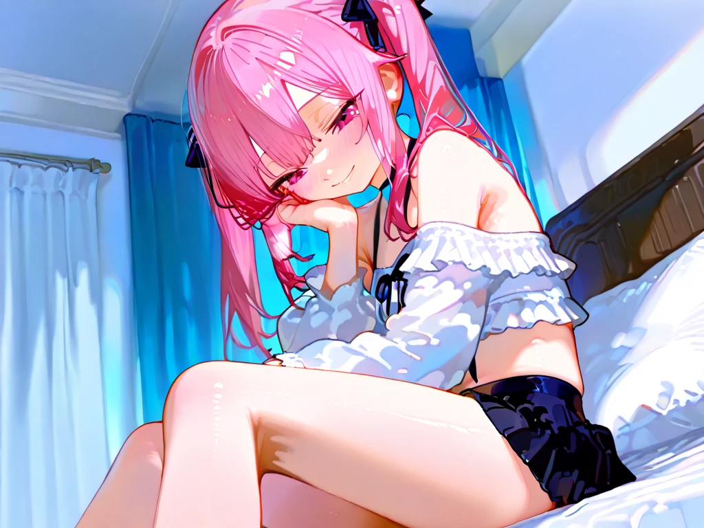 Girls with pink hair, long double-tailed hairstyle, ((small pink bushy eyebrows)), dressed in lolita bikini, ), lolicon (Zankuro) drawing style by zankuro artist, Zancro style, image uploaded to R34, changing of clothes in a room, looking away, sexy flirtatious look,not looking at the camera (hidden camera recording it, security camera filter recording it)