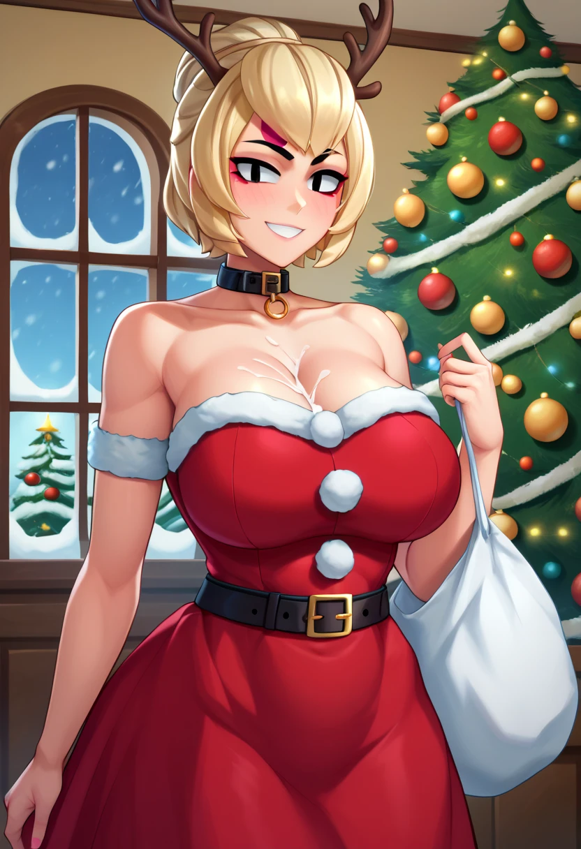 masterpiece, best quality, 1 solo girl, dark blonde hair, blue eyes, long hair, wavy hair, Christmas ornaments, medium , mature nd face, red christmas dress, christmas, christmas light, christmas tree, red gloves, red santa skirt, holding gift, red bra, red panty, leg upboy shots, sexy pose, dakimak, detailed body, face, and eyes, sharp focus, vibrant, creative, dynamic, high definition, high resolution, 8k, (Upscale: R-ESRGAN 4x+ Anime6B), (Image enchance:4x), voluptuous body