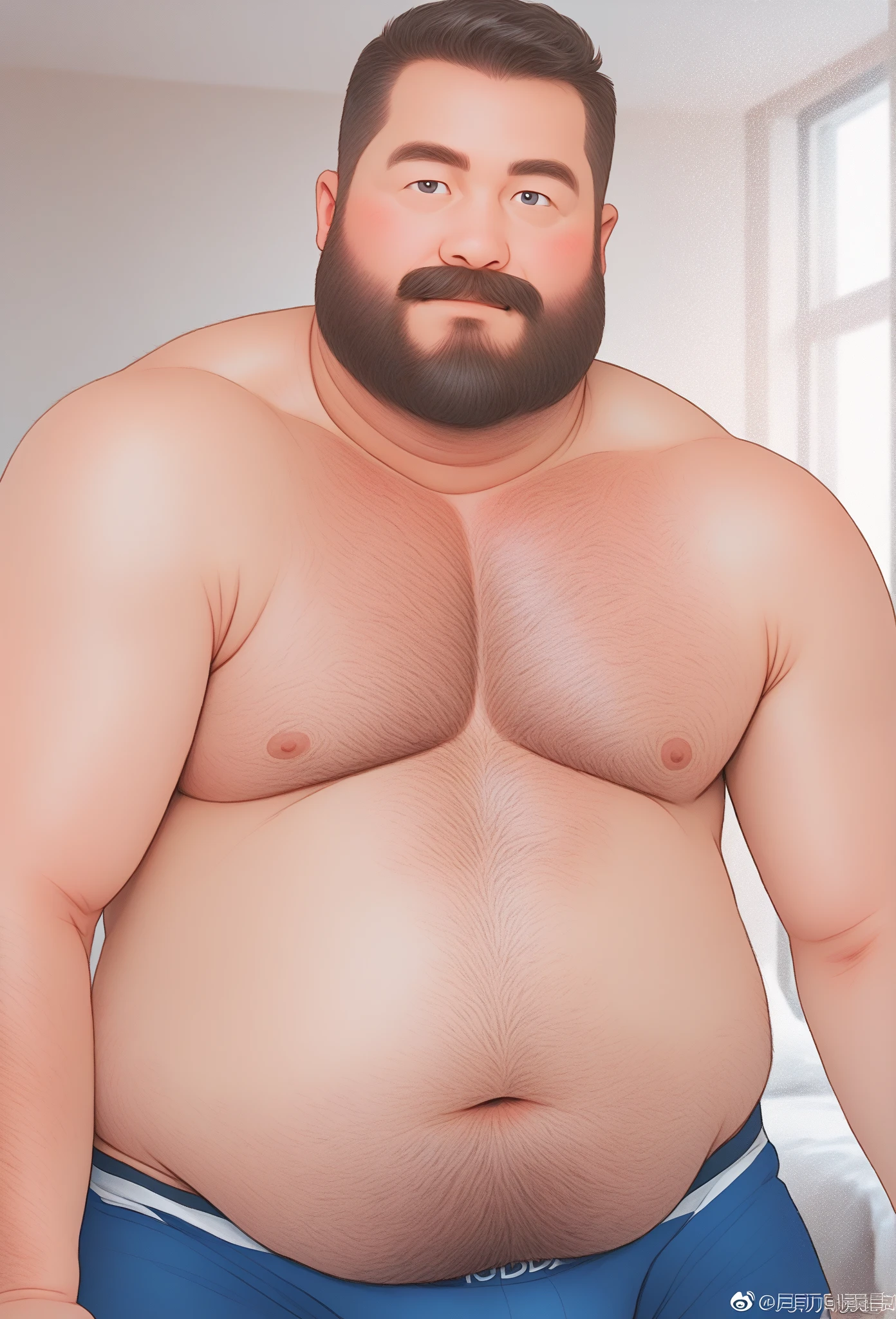 arafed man in a black leather brief, inspired by Fernando Botero, beefy, robust stocky body, buff man, attractive beefy man, half man half asian black bear, burly man, sumo wrestler, big belly, heavy looking, full bodied portrait, strong fat bacchanalian body, man bear pig, fat belly