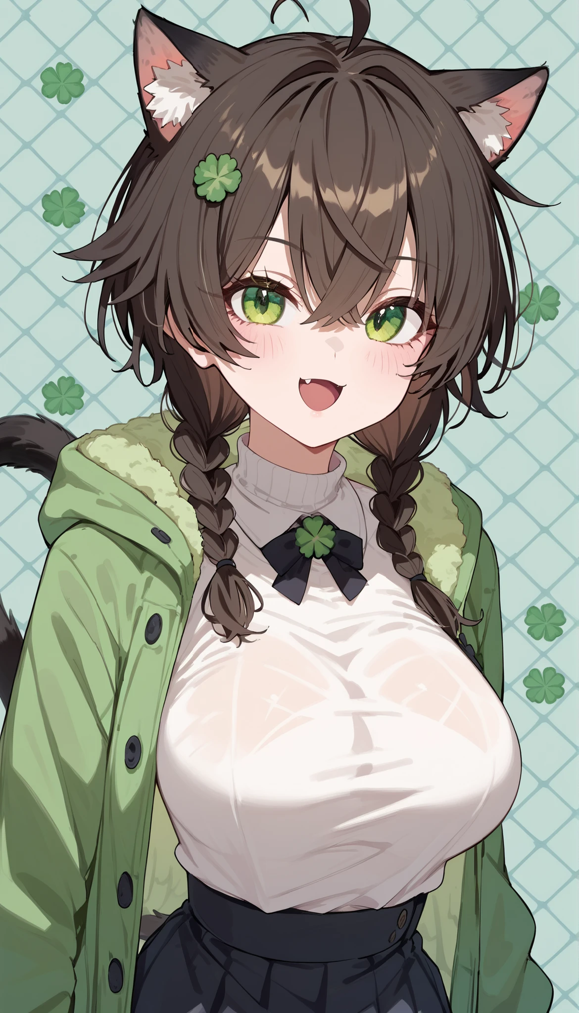 (masterpiece), 1girl, solo, best quality, expressive eyes, perfect face, best quality, kemonomimi, bear ears, animal ears, brown hair, short hair, messy_hair, blue eyes BREAK freckles, green shirt, huge breasts, hourglass figure, completely nude, nipples, upper body, standing, closed mouth, standing, (body paint, green paint), (paint splatter, splatter), (dripping, colorful, watercolor), simple background, smile, grin, looking at viewer