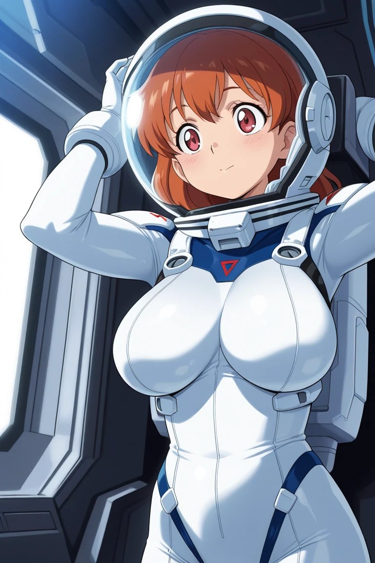 A girl wearing a white bodysuit, Emphasized curvaceous loot, Red Hair,Red eyes,Muscular!!,Blushed,Troubled expression,pigtails,BIG Boned,White plug suit,gloves,turtleneck,locker room,Thick body,Tight bodysuit