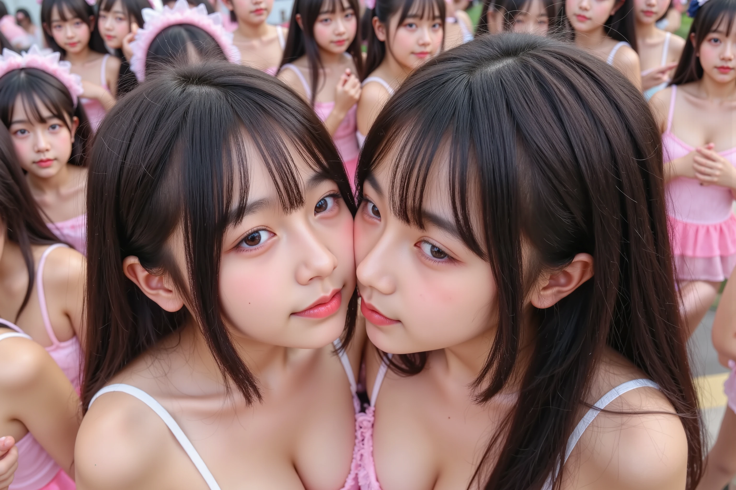 (Myself = Japanese Clone girls Super Real photorealistic), (Super Best masterpiece Raw Photography Art), 
(16K, 最高画質, 超高解像度, RAW写真), (とても非現実的で, 計り知れない前代未聞の衝撃的で圧倒的な描写), 
(Myself OnlyのClone girlsの大群衆で世界を埋め尽した描写), (Myself Only), (Myself群衆の全体容姿は一致して見分けが付かない), 
フルフェイス写真, 明るい瞳で , 美しい超巨乳, 美しく詳細な顔, 魅力的な笑顔, 天使のような表情, 美しい脚, 
セクシーでエロチックなポーズの体と顔の大きな詳細. 背景と周囲の細部描写が素晴らしいです, 超巨乳の美しいフォルム, 赤い唇. 
clone girlsの群衆で大量増殖した写真, ピンク色のファンシーな洋服を着る, 部屋でハグしたり、キスしたりしている. 
ロマンチック, clone girlsの群衆は親密な雰囲気. clone girls群衆が愛し合い浪漫的で親密な関係を示す, 愛情の気持ちを伝えている, 情熱と優しさ. 
画像の接近と構図により、シーンの親密さが高い, 世界のあらゆる場所がclone girlsの群衆で満たされる, 
This world is filled with only one exclusive clone girl., wide view, 超広角視界,