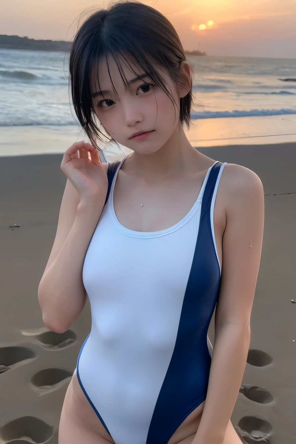 UHD, retina, masterpiece, ccurate, anatomically correct, textured skin, super detail, high details, high quality, award winning, best quality, highres, 1080P, HD, 4K, 8k, 16k、blue sea、Wide sky、Deep sandy beach、Cute Girls、(almost swimsuit:1.3)、Sunburn mark、Lay a sheet on the beach、Resting on the seat、Clearly defined pussy line:0.3、(During estrus, she puts her fingertips in her vagina:1.6),(Turbid liquid overflowing from the vagina:0.5),((very small and flat chest:0.3)),(very young and baby face:1.5),