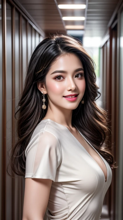 Extremely beautiful illustration of a stunning girl, 18 yo, very detailed and sharp facial features, very detailed and shinning natural hairs, very detailed and shinning glossy eyes, detailed full glossy lips, detailed white teeth, detailed sharpnose, perfect symmetrical face, very detailed and natural round medium breasts, hint of cleavage, very small frock with frills, earrings and necklace, perfect midriff, cute and blushing, flowers, indoors, night time, perfect lighting, ray tracing, cinematic colour grading, very hyper realistic,