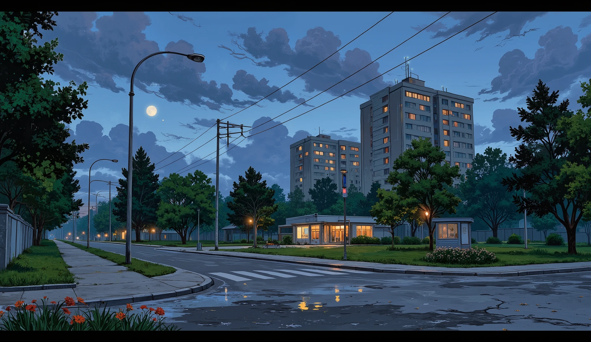 landscape, street, USSR vibes, panel buildings:2.5, panelki:2.5, many floors, many green trees, night, summer, puddles on the asphalt, cloudy:1.5, grass, crossroad:1.5, cracks in the asphalt:0.3, soviet-style concrete fence:0.15, flowers:0.25, without sun, street lighting poles:0.2