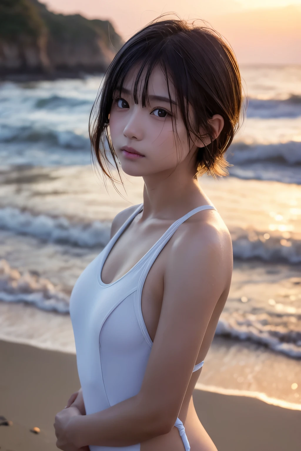 Hair blowing in the wind、Sweaty skin、Sweaty hair、Wet clothes、Coast at dusk,A cute girl with a face like a Japanese idol, Short Hair, Skinny body、athlete、(Cinema Lighting),(Natural light),(High level of artistry),(artistic),(Indistinguishable quality from the real thing),{{RAW Photos}},{{Genuine}},High resolution,masterpiece, beautiful, Handsome Tomboy, Looks like a salon model, Cool face,  (nsfw),、Puzzled、shame、sleepy、(Spoiled:1.4), Cowboy Shot、Wet, tight one-piece swimsuit、School swimsuit that clings to the body, Sexy model posing、