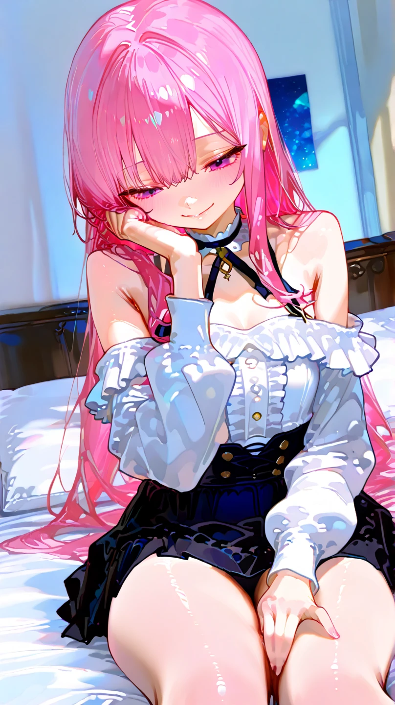 une fille, loli, long and pink hair, bras fins, big thigh, mini skirt, crop-top, petit collant noir, black high shoe, neckleace, blue eyes, transpiration, blush rouge, bracelet noir, , Size, sexly, hot, cat ear, string, white complexion, sur un lit, smiling, assise, cute, kawai, lollipop, lick