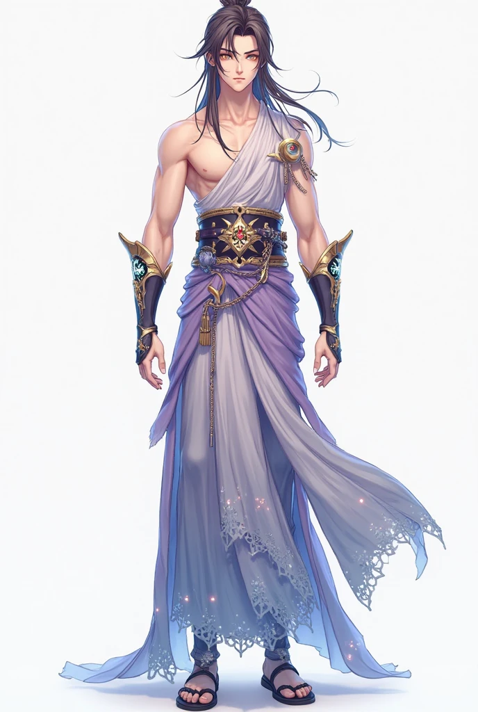 8k, sophisticated, elegant, highly detailed, majestic, digital photography, surreal painting, magic, magic, fairy tale, (Masterpiece, side light), hdr, (Bright blue eyes), Naked upper body, (shiny tattoo), Handsome adult man, long beautiful straight platinum hair below the shoulders, athletic body, beautiful proportioned male figure, tanned skin, Handsome, in front of the camera - just a masterpiece. realistic. a full-length image. Long hair below the shoulders. grey clothes. He holds a large silver sword in his hands. a well-proportioned male body
