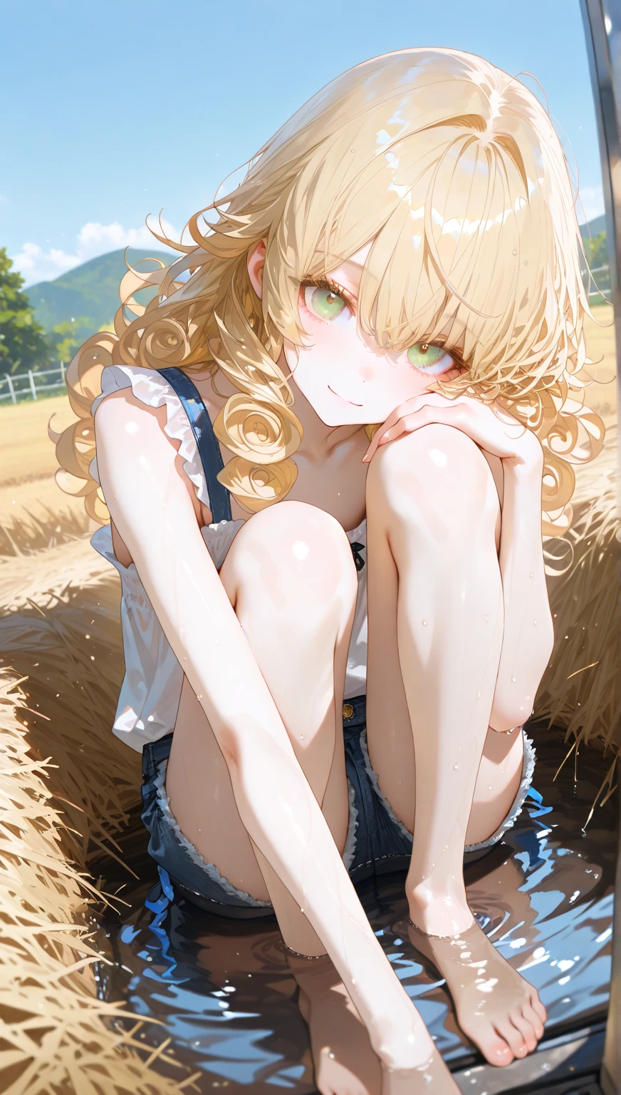 (detailed background),(playboy cover:1.1), 1girl,solo, blonde hair, long hair, blue eyes, (mature:1.1), pale skin, curvy, medium breasts, (sad, emotionless:1.2), looking at viewer, nice hands, (dutch angle:0.8),
denim shorts, baggy tank top, (leaning forwad:1.1),
(illustration:1.1), (perfect details:1.1), outdoors, wheat field, horizon, (Hard Light, cinematic , Hard shadows, ambient occlussion:1.1),
<lora:GoodHands-beta2:1> <lora:hairdetailer:0.3> <lora:LowRA:0.3>