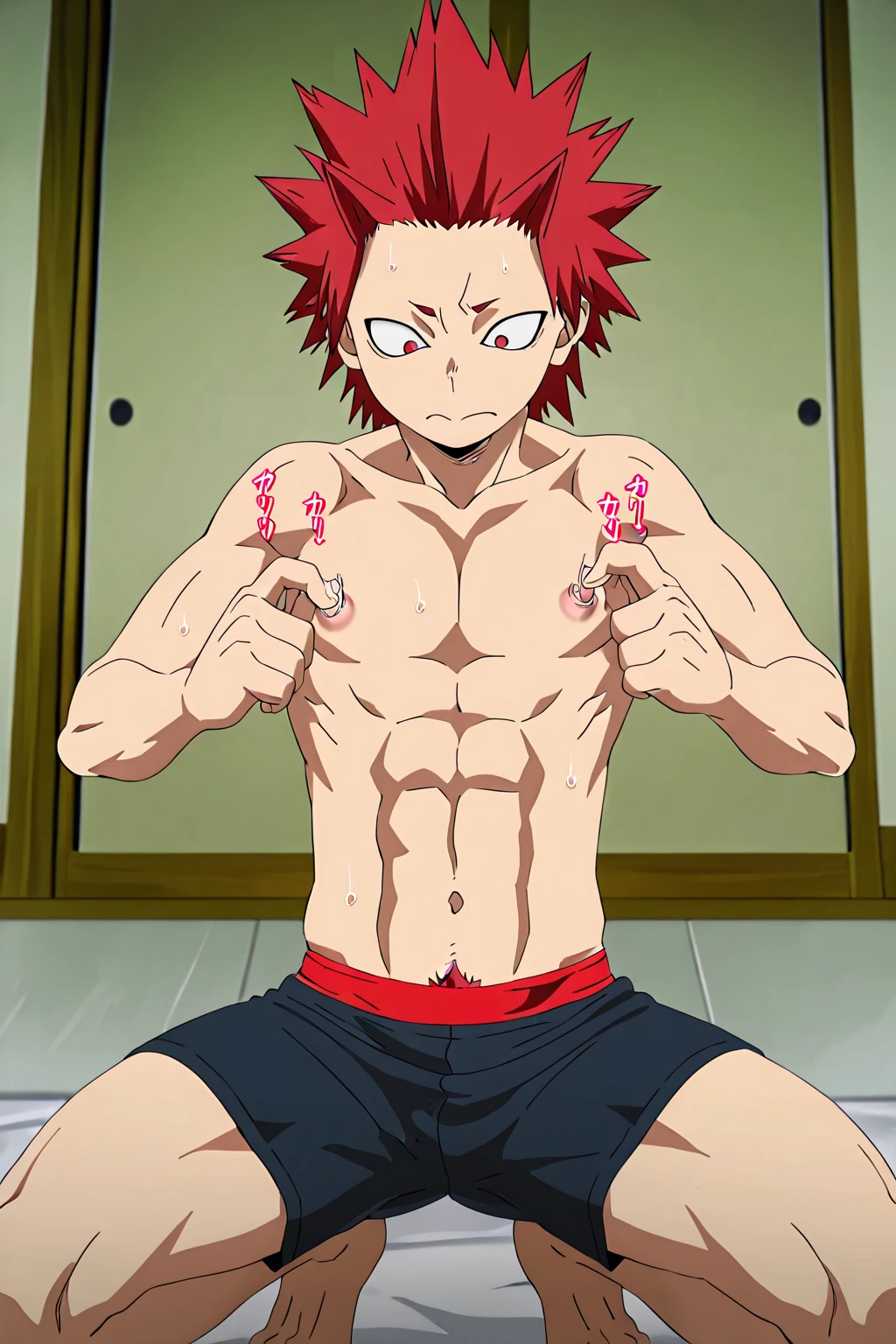 ((Masterpiece)), ((highest quality)), ((perfect anatomy )), ((male focus)), young male, Eijiro Kirishima_boku no hero academia, wearing a thong, squatting, smiling, at his bedroom
