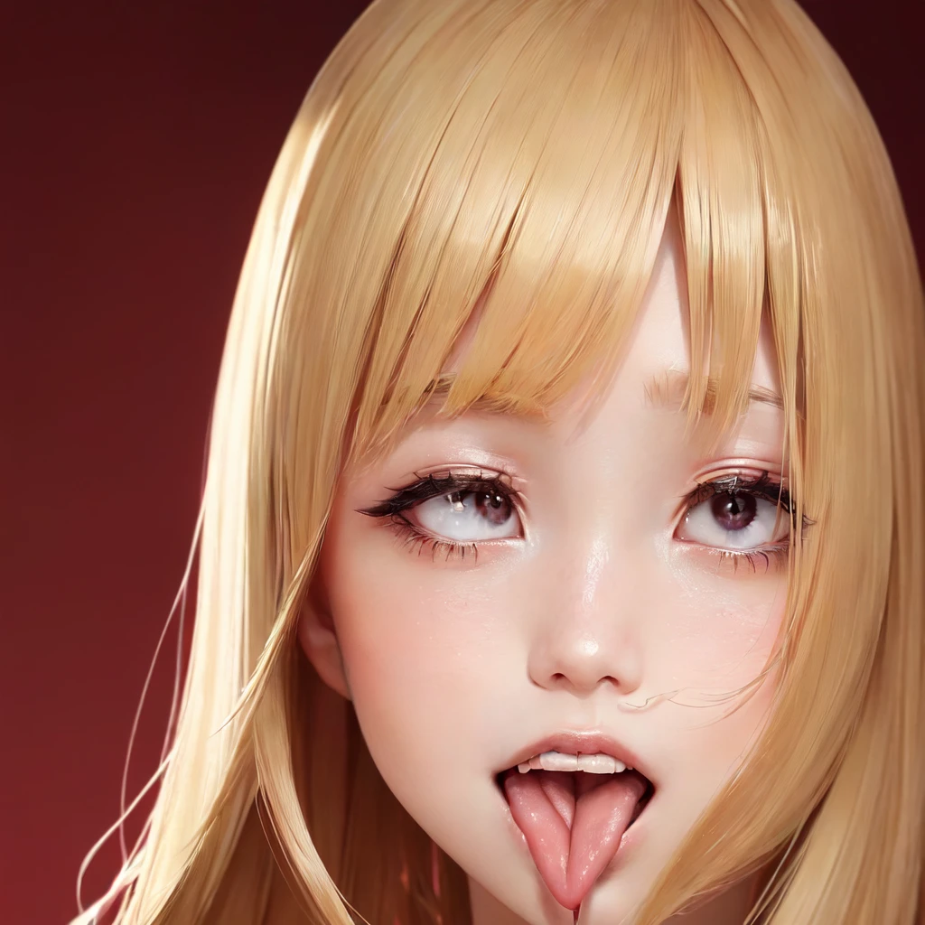 A very beautiful Japanese woman, about 18 years old, wearing no clothes, is licking a penis with her tongue. Her face is close and looking down from above. A thick white liquid comes out from the tip of his penis and lands on her face. Her hair is straight and waist-length. Her hair color is blonde. I have bangs. Her hairstyle is twintails. She is thin and has very white skin. The eyes are very large and the color of the pupils is dark red. Tears are flowing from one eye. Bust size is small. Her face is small from top to bottom and she looks much younger than her age. She has no hair except on her face.