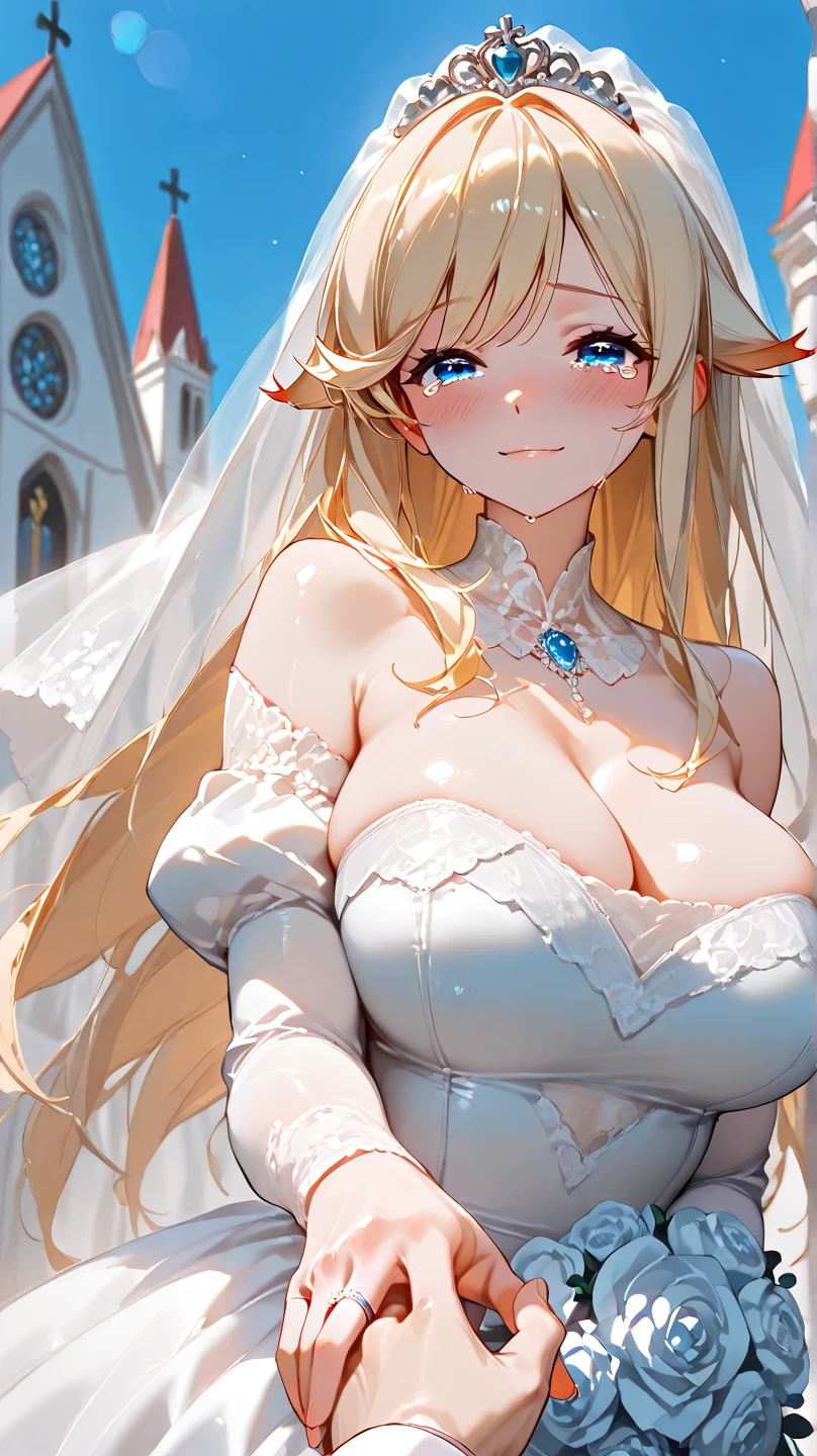 A woman with big ,Beautiful bride,Light blond long hair,Blue Eyes,clavicle,Gorgeous and exquisite wedding dress,weak,Sexy,Color,lactation,blush,Bright Light,In the church,White Rose,Showing lace underwear,