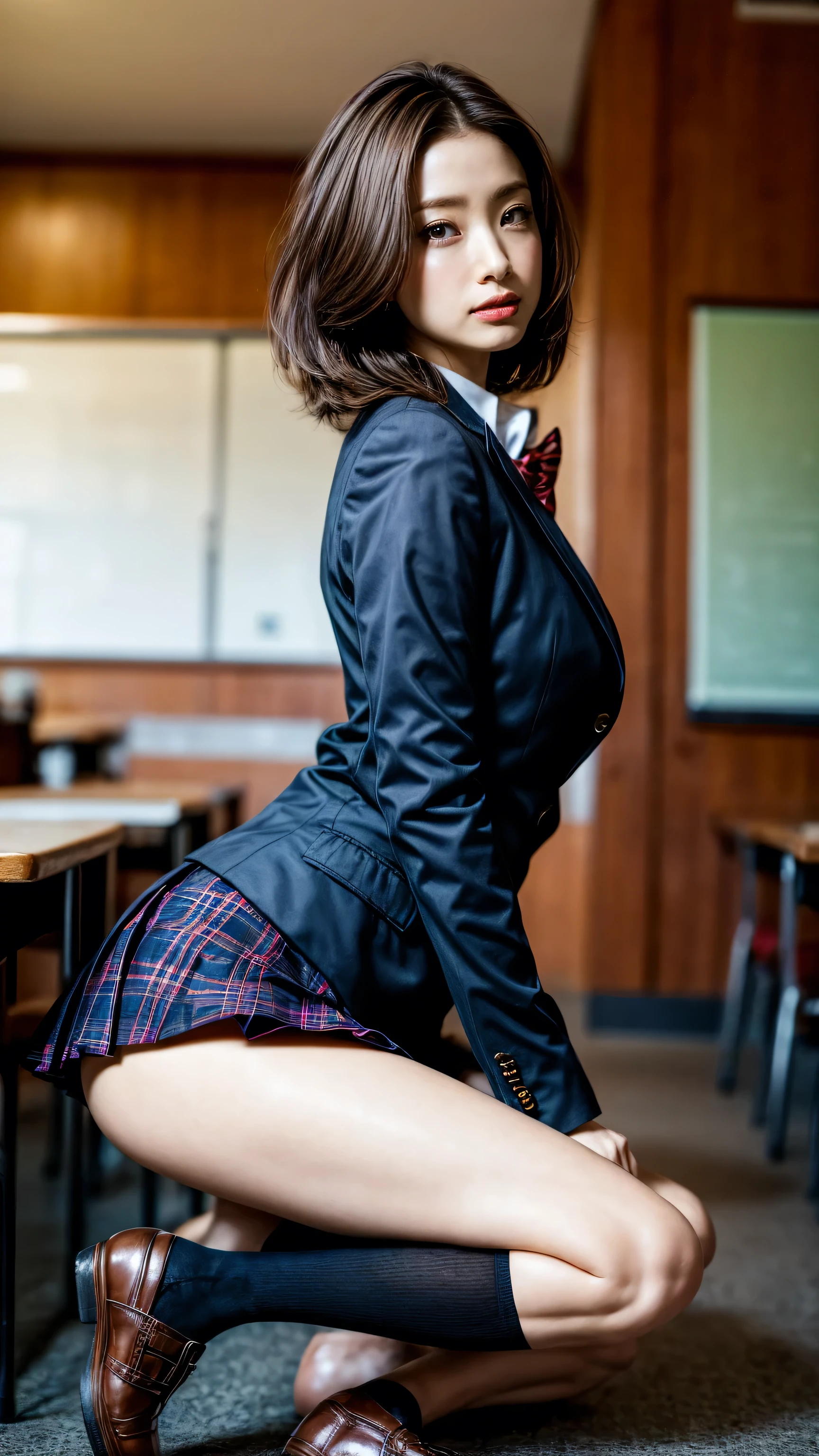 NSFW, 8k RAW photo, Best Quality, masutepiece, 超A high resolution, Film grain, filmg, 1girl in, Looking at Viewer, Natural Skin Texture, realistic eyes and face details, Full lips, lip stick, (makeup), Red eyeshadow, Fluffy short hair, hair messy, Smile, closes mouth, Beautiful legs, Tall lady, skinny, slim_Legs, Solo, huge-breasted, cleavage, Sensual Pose, Ultra short skirt, Ass, Shirt, classroom location, (Detailed background), plaid skirts, White wet shirt, No bra, huge-breasted, cleavage, Show a little cleavage through the shirt, lowfers, Blurry background, Blurry, Holding, Plaid, Short sleeves, JK ribbon on neck, JK Ribbon, Brown hair, 手链, Water, Bangs, School uniform, Shot from the side, pleatedskirt, up skirt, depth of fields、Flesh colored rod enters her pussy from behind.、Hands on the desk、A man is standing behind her、