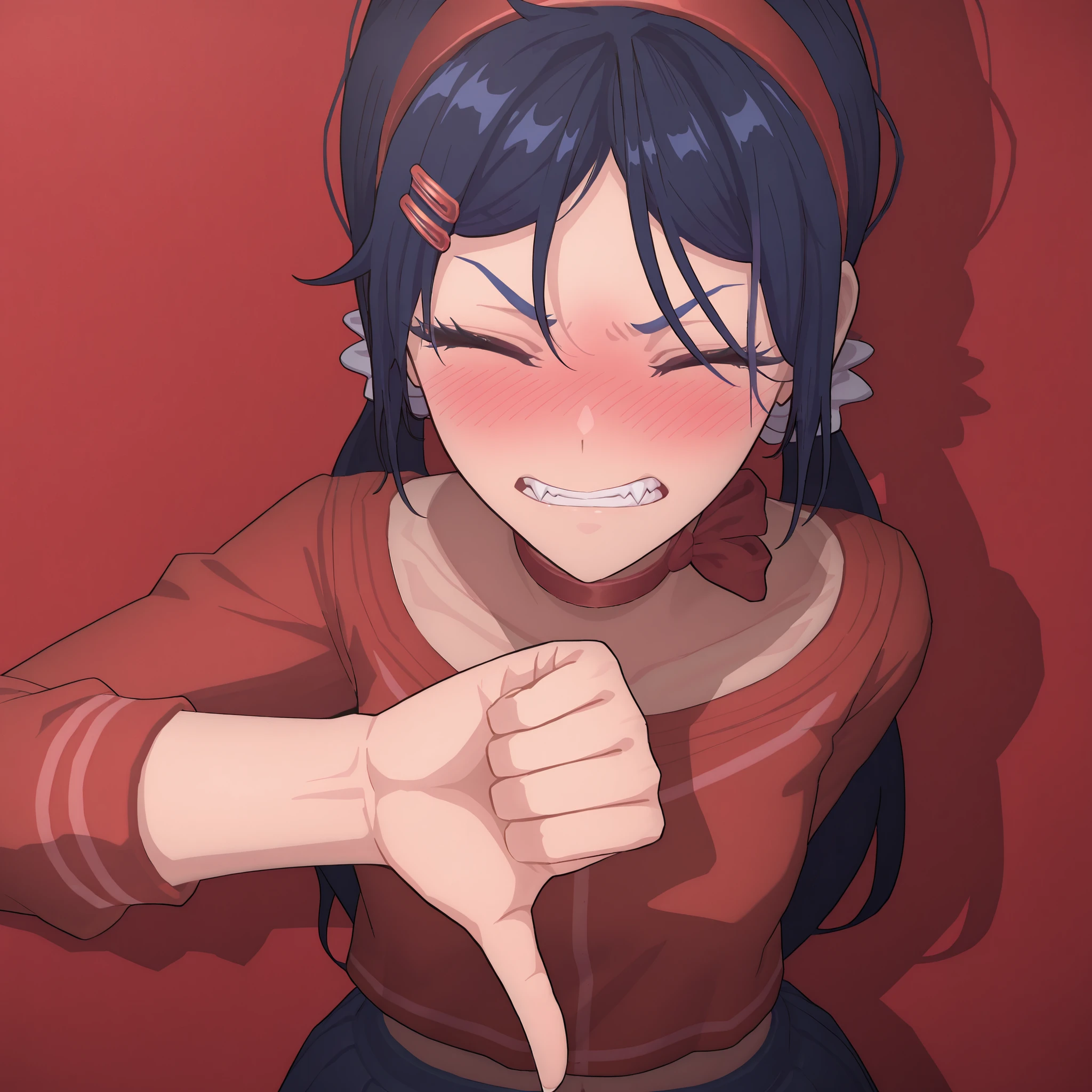 highres, hi res, best quality, masterpiece, 2d, intricate details, 4k, anime coloring, shadow, uncensored, eyelashes, nose, nose blush, long hair , dark blue hair, red hairband , red hairclips , hair ornament , twintails , parted bangs, red choker, ribbon choker, upper body, red shirt, midriff, red background, wallwaper, evil face, fangs, close up, big thmumb down gesture, evil eyebrows, evil anime style, evil, five fingers, accurate fingers, finger focus,standing sidewards, eyes closed,one hand behind back, disapointed face, dislike, dislike gesture, big thumb down, enraged. angry clenched jaw, cowboy shot.thumbs down,