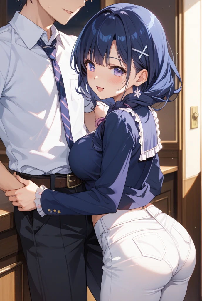 18-year-old,shiny navy hair,short hair,Yellow Eyes,Large Breasts,Small waist,Big Ass, , See-through sailor suit,Navy blue mini skirt,Black underwear,garter belt, ,Split,,Delighted,Feels good,Penetration Sex,Creampie Sex,Various positions（((In my mind, I was desperately trying to hold back my orgasm.,I want to climax quickly))),Creampie Sexは暗い変容をもたらす