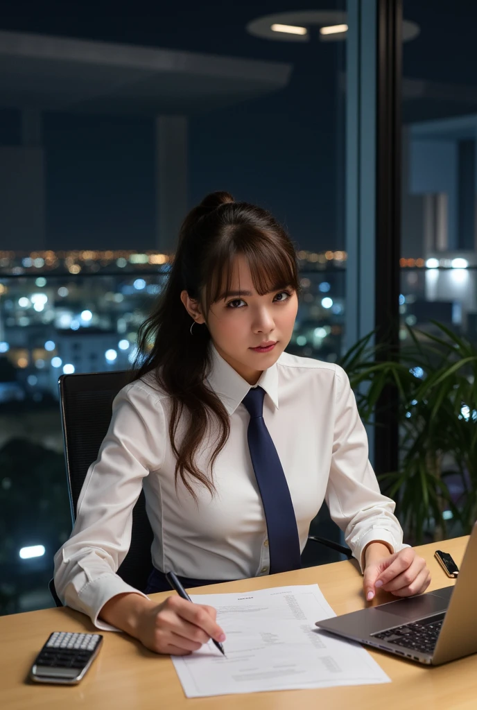((News broadcast studio:1.4)), newscaster, compere, A calm woman, Large wide display, (Cityscape).
Break
((Best quality, 8K, Masterpiece :1.3)), (Realistic, Photorealistic:1.4)Pretty Women with Perfect Figure :1.4, ((No underwear:1.4)), Beautiful, Smile, (Bright:1.4),, (Highly detailed face:1.2), cleavage, V-neck, (Career Slim Suit 1.4), Detailed eyes, 二重まぶた, japanese beautiful woman, Sitting, Slim:1.9, Slender, Oily skin, Shiny skin, velvet, Paper on the table, Bob cut,