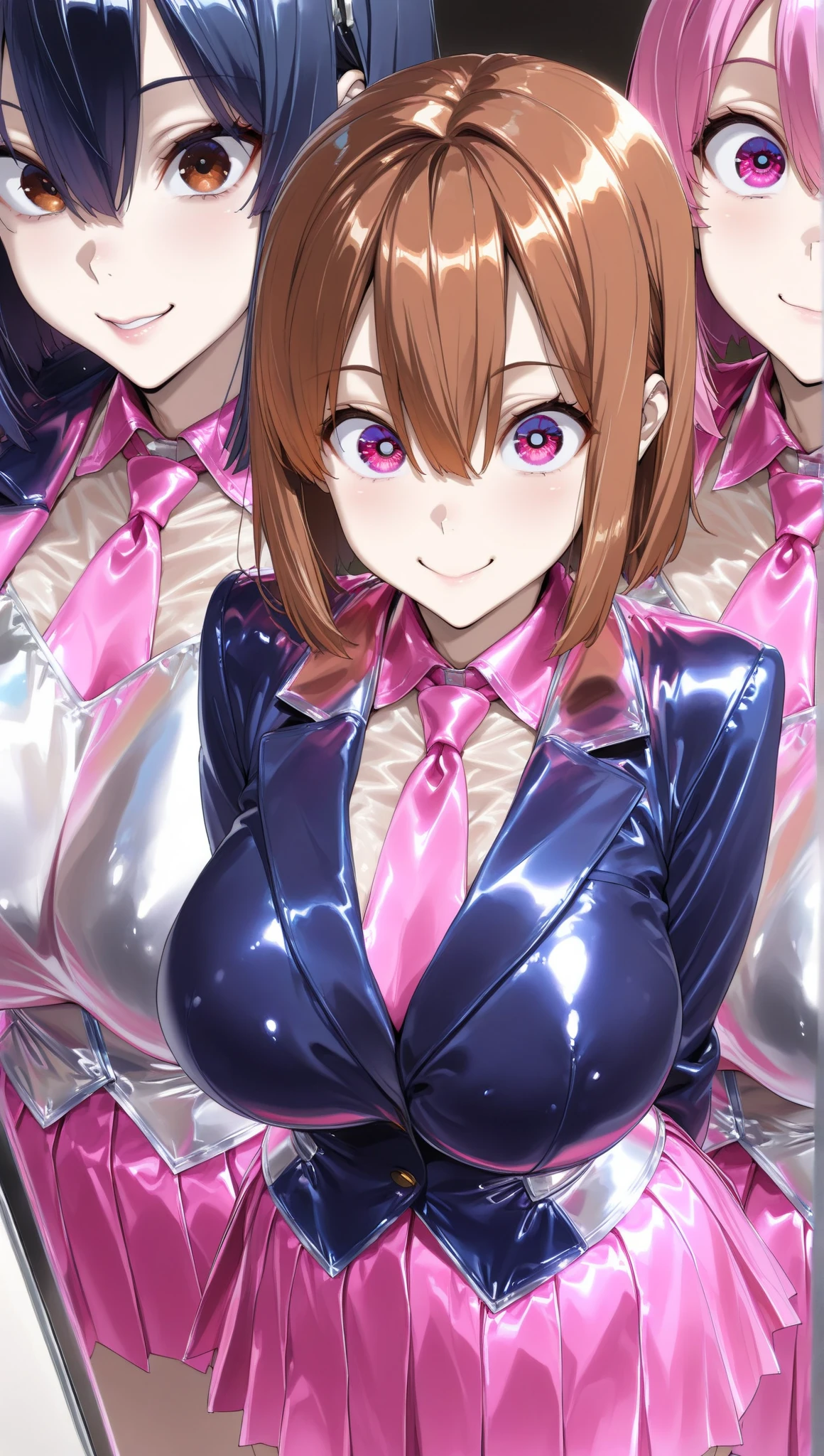 masterpiece, best quality, 1girl,black drill hair,, (finely detailed empty pupils and detailed face),,chest shot,lovestruck,extremely detailed picture unity 8k wallpaper,solo,(latex military costume:0.9),glamour body,seductive smile,military hat,latex thighhigh,try to show me breasts,black hair,pink eyes,