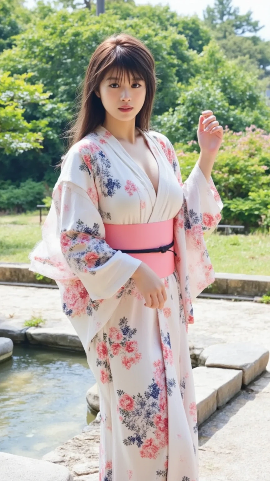 absurderes, ultra-detailliert,bright colour,(8K:1.5),masuter piece,extremely beautiful detailed face and eyes、Valley、Summer morning、Guibli,Sit on a bench and sexypose,Summer country roads,Beautiful breasts,(Japanese Kimono:1.3)